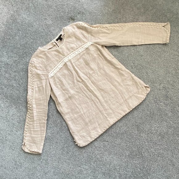 ♥ J. Crew Linen Beige Long Sleeved Blouse with Appliques Size 0     - D - Picture 3 of 9